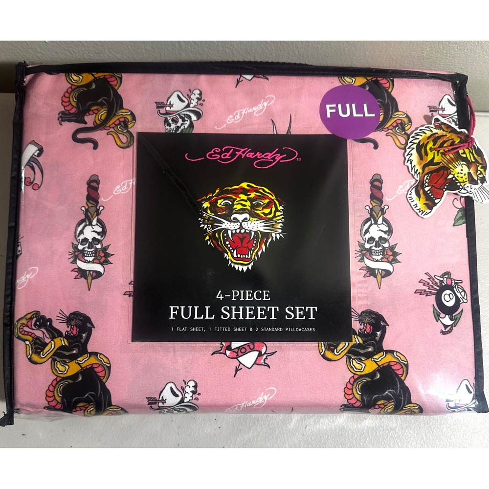 NEW Ed Hardy Full Sheet Set Pink Tattoo Skull Y2K Whimsigoth Coquette Bedding